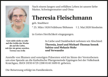 Traueranzeige von Theresia Fleischmann 