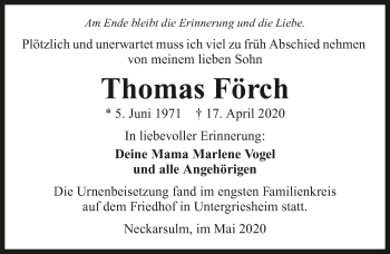 Traueranzeige von Thomas Förch 