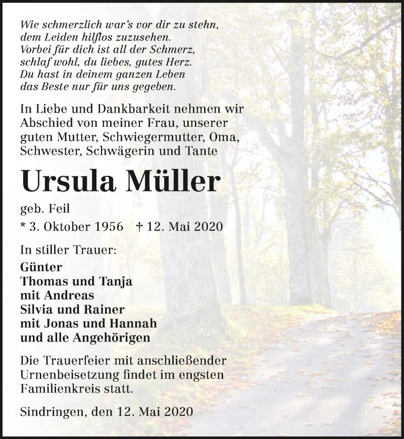  Traueranzeige für Ursula Müller vom 15.05.2020 aus 