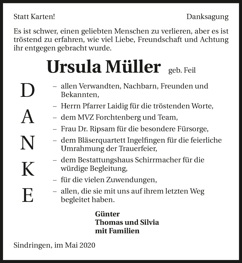  Traueranzeige für Ursula Müller vom 28.05.2020 aus 