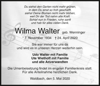 Traueranzeige von Wilma Walter 
