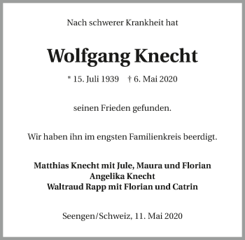 Traueranzeige von Wolfgang Knecht 