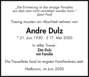 Traueranzeige von Andre Dulz 