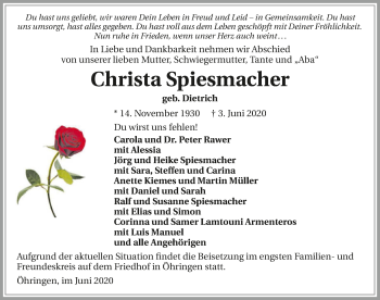 Traueranzeige von Christa Spiesmacher 