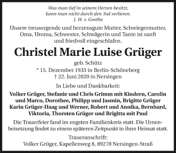 Traueranzeige von Christel Grüger 