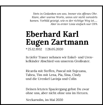 Traueranzeige von Eberhard Karl Eugen Zartmann 