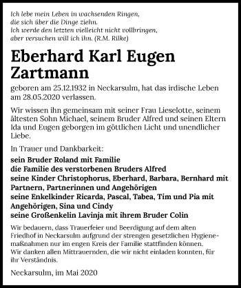 Traueranzeige von Eberhard Karl Eugen Zartmann 