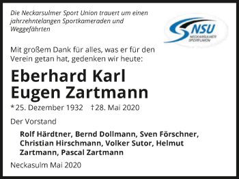 Traueranzeige von Eberhard Karl Eugen Zartmann 