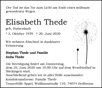 Traueranzeige von Elisabeth Thede 