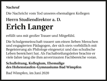 Traueranzeige von Erich Langer 