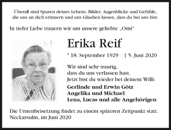 Traueranzeige von Erika Reif 