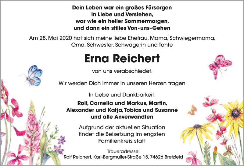  Traueranzeige für Erna Reichert vom 06.06.2020 aus 