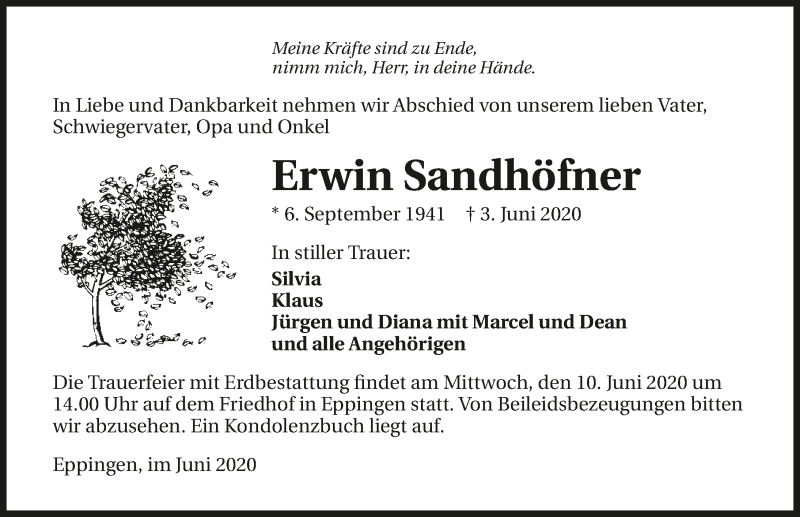  Traueranzeige für Erwin Sandhöfner vom 08.06.2020 aus 