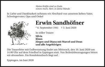 Traueranzeige von Erwin Sandhöfner 