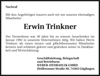 Traueranzeige von Erwin Trinkner 