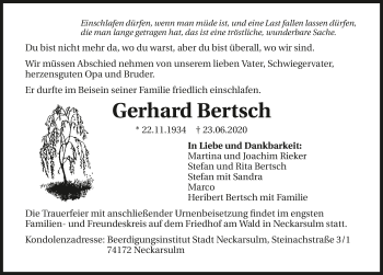 Traueranzeige von Gerhard Bertsch 