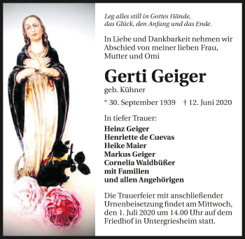 Traueranzeige von Gerti Geiger 