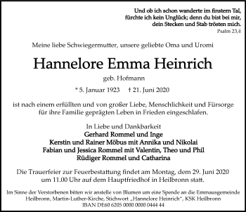 Traueranzeige von Hannelore Emma Heinrich 