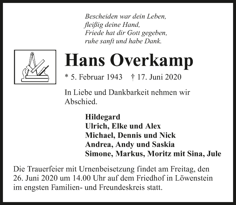  Traueranzeige für Hans Overkamp vom 23.06.2020 aus 