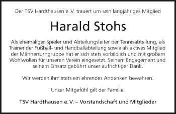 Traueranzeige von Harald Stohs 