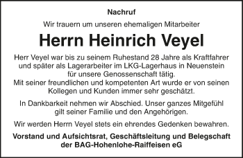 Traueranzeige von Heinrich Veyel 