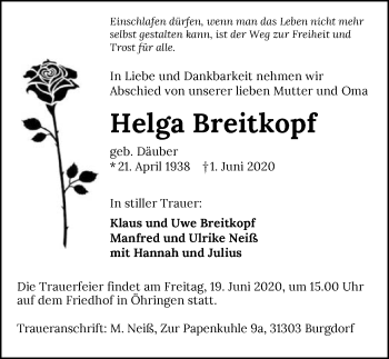 Traueranzeige von Helga Breitkopf 