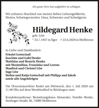 Traueranzeige von Hildegard Henke 