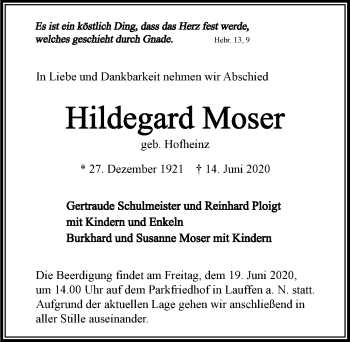 Traueranzeige von Hildegard Moser 