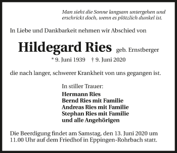 Traueranzeige von Hildegard Ries 