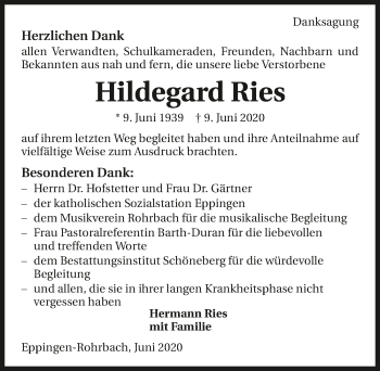 Traueranzeige von Hildegard Ries 