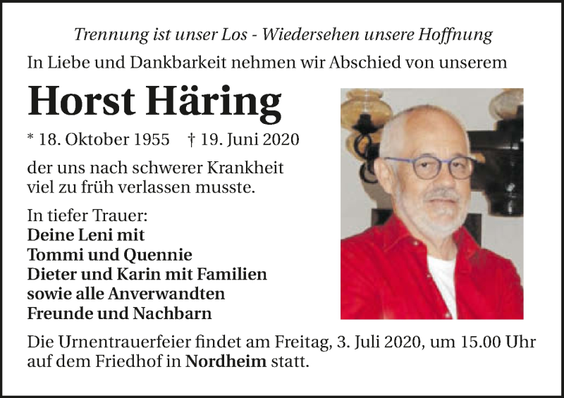  Traueranzeige für Horst Häring vom 27.06.2020 aus 