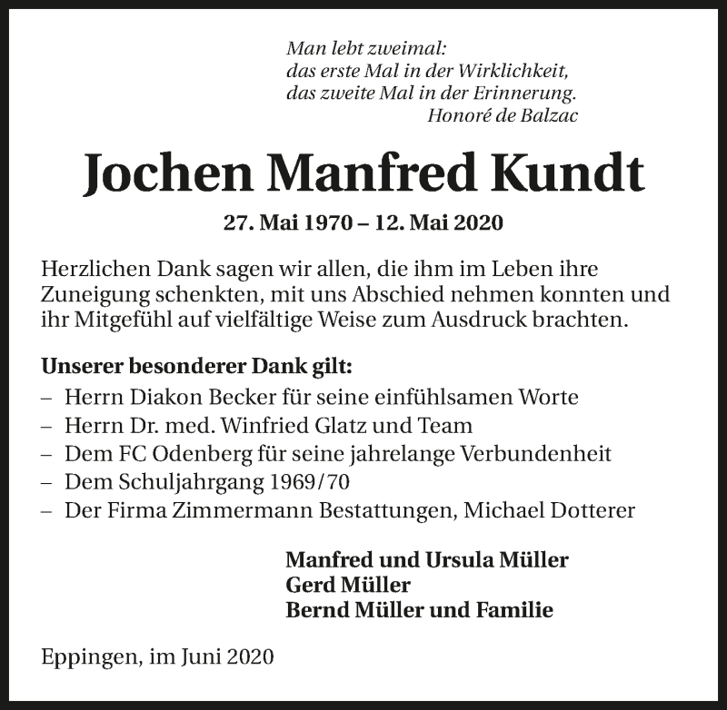  Traueranzeige für Jochen Manfred Kundt vom 06.06.2020 aus 