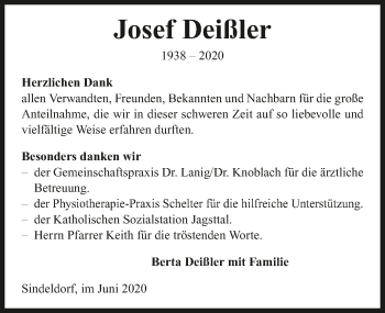 Traueranzeige von Josef Deißler 