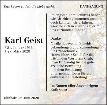 Traueranzeige von Karl Geist 