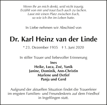 Traueranzeige von Karl Heinz van der Linde 