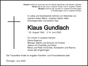 Traueranzeige von Klaus Gundlach 