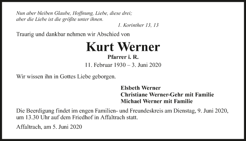  Traueranzeige für Kurt Werner vom 05.06.2020 aus 