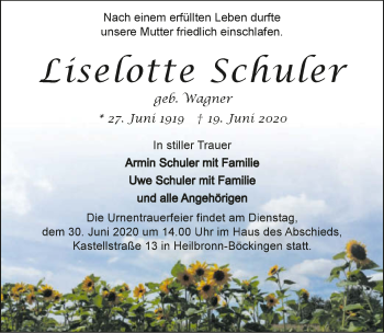 Traueranzeige von Liselotte Schuler 