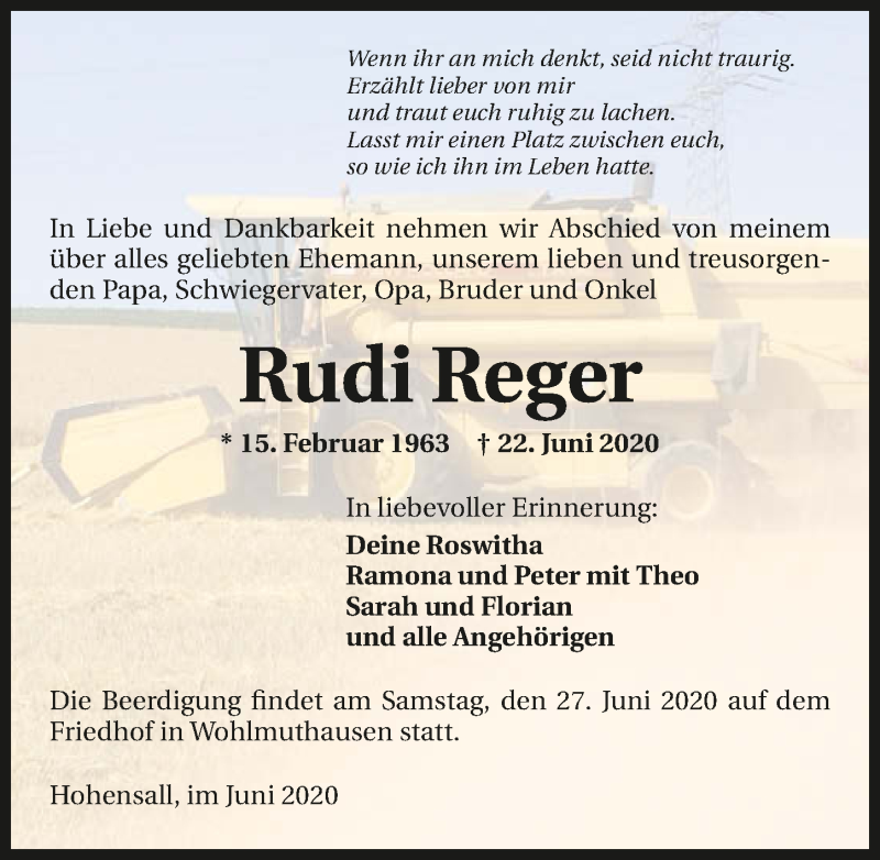  Traueranzeige für Rudi Reger vom 24.06.2020 aus 