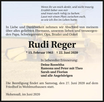 Traueranzeige von Rudi Reger 