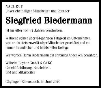 Traueranzeige von Siegfried Biedermann 