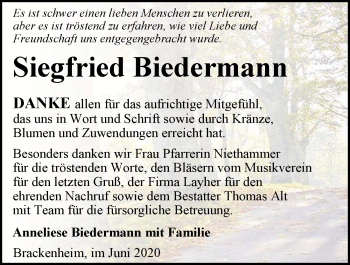 Traueranzeige von Siegfried Biedermann 