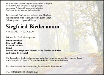 Traueranzeige von Siegfried Biedermann 