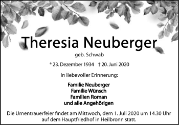 Traueranzeige von Theresia Neuberger 