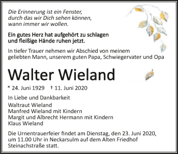 Traueranzeige von Walter Wieland 