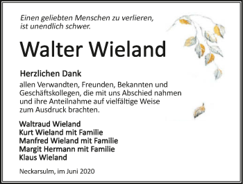 Traueranzeige von Walter Wieland 