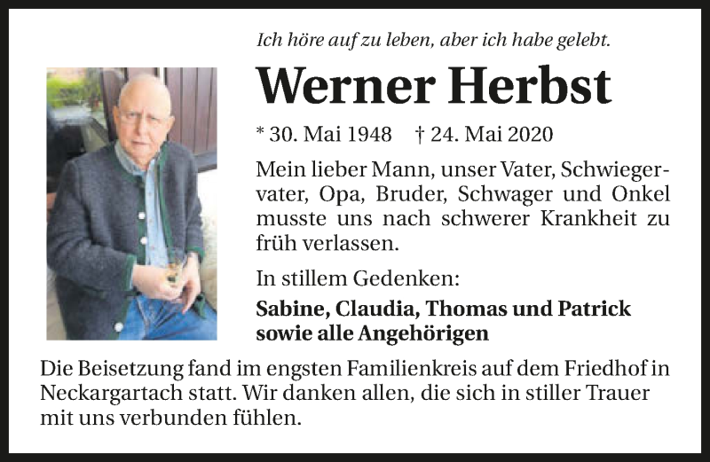  Traueranzeige für Werner Herbst vom 06.06.2020 aus 