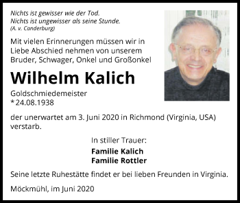 Traueranzeige von Wilhelm Kalich 