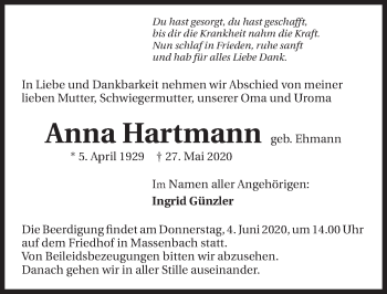 Traueranzeige von Anna Hartmann 