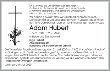 Traueranzeige von Adam Hubert von GESAMT